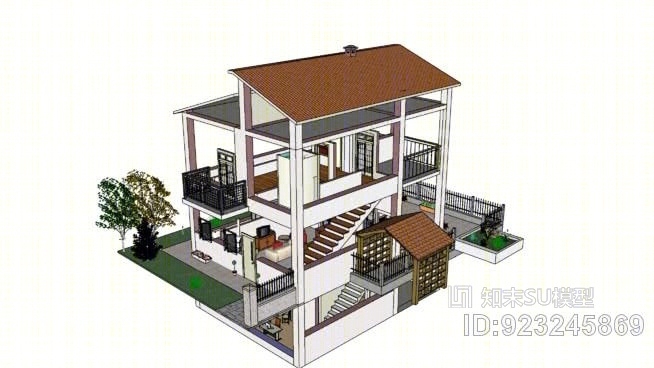 两层的别墅装修SU模型下载【ID:923245869】