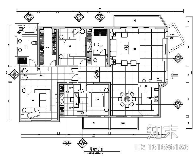 现代中式极简风三居室住宅空间设计施工图（附效果图）cad施工图下载【ID:161686186】