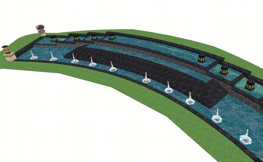 中式水池水景喷泉SU模型下载【ID:720567421】