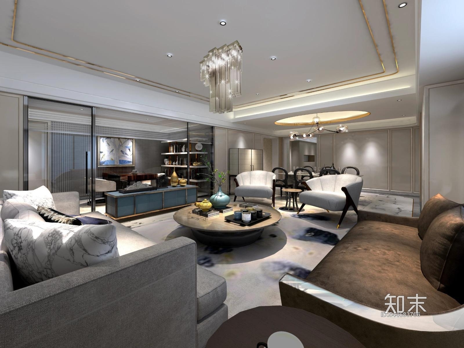 邱德光-现代轻奢上海C2样板间丨效果图施工图下载【ID:544683706】