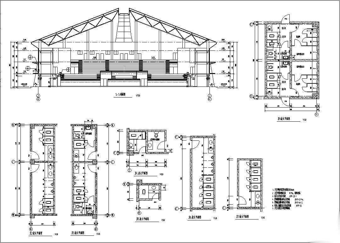 某大学后现代体育馆建筑设计方案（效果图及施工图CAD）施工图下载【ID:151542127】