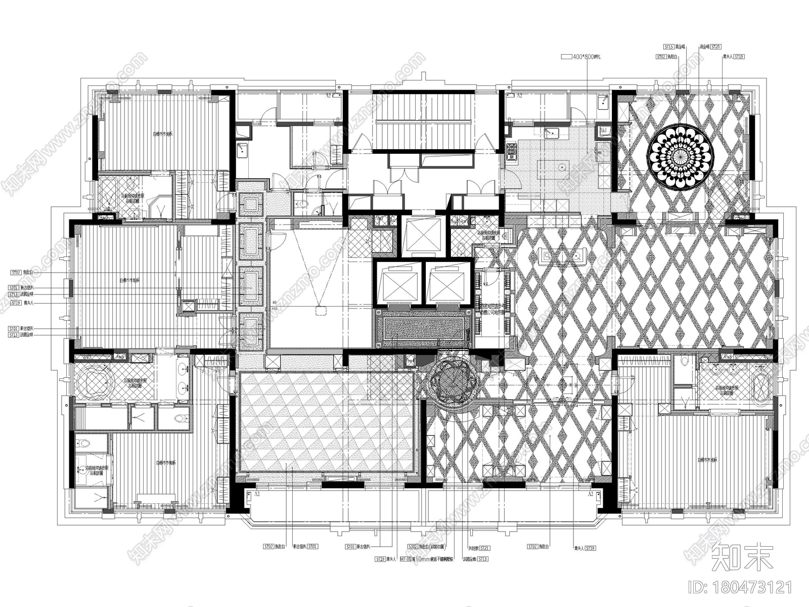 [上海]637㎡欧式四居室平层家装装修施工图cad施工图下载【ID:180473121】