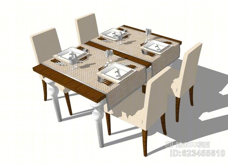 方餐桌餐具组合SU模型下载【ID:623455610】