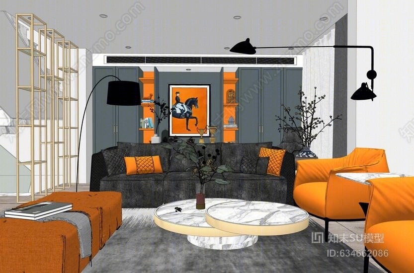 现代客厅餐厅室内设计SU模型下载【ID:634662086】