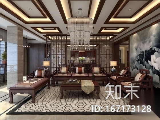 精品雅致中式联排别墅室内CAD装修图（含效果）cad施工图下载【ID:167173128】