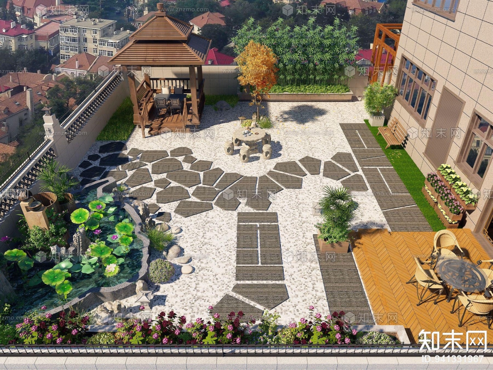 新中式別墅庭院花園3d模型3d模型下載【id:941331967】