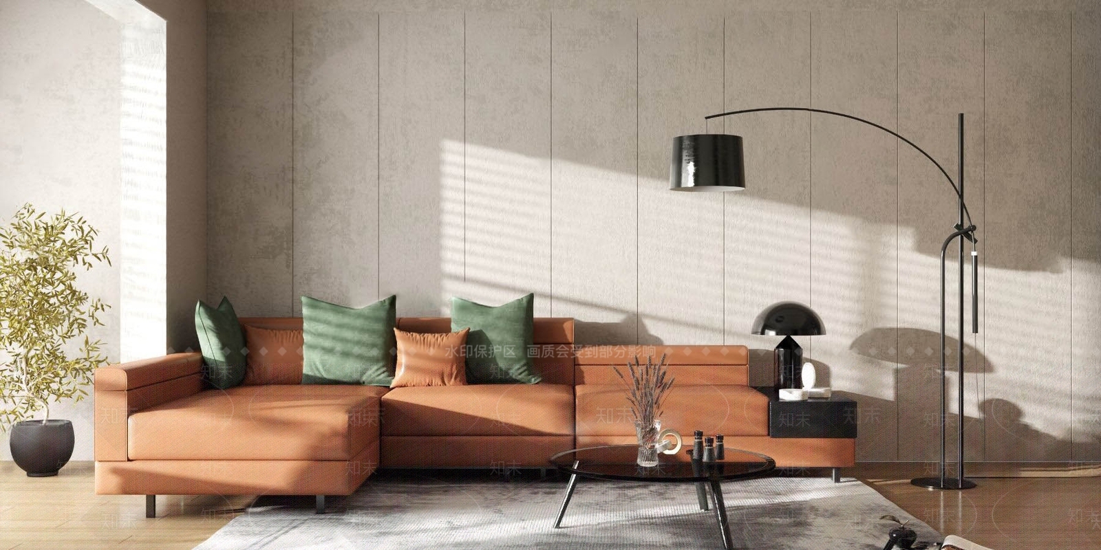 现代橘色皮革沙发茶几组合3D模型下载【ID:1117066406】