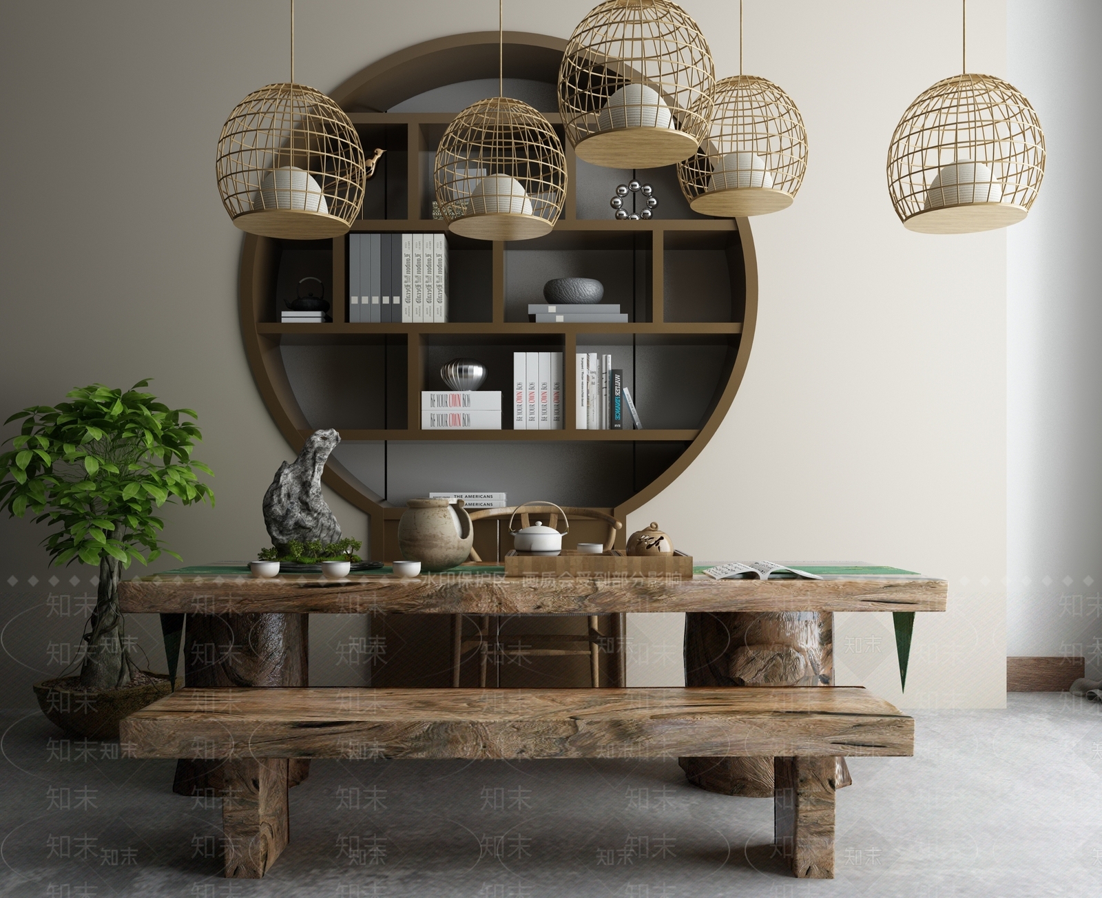 新中式茶室茶楼休闲洽谈区竹编吊灯茶楼3D模型下载【ID:135340920】