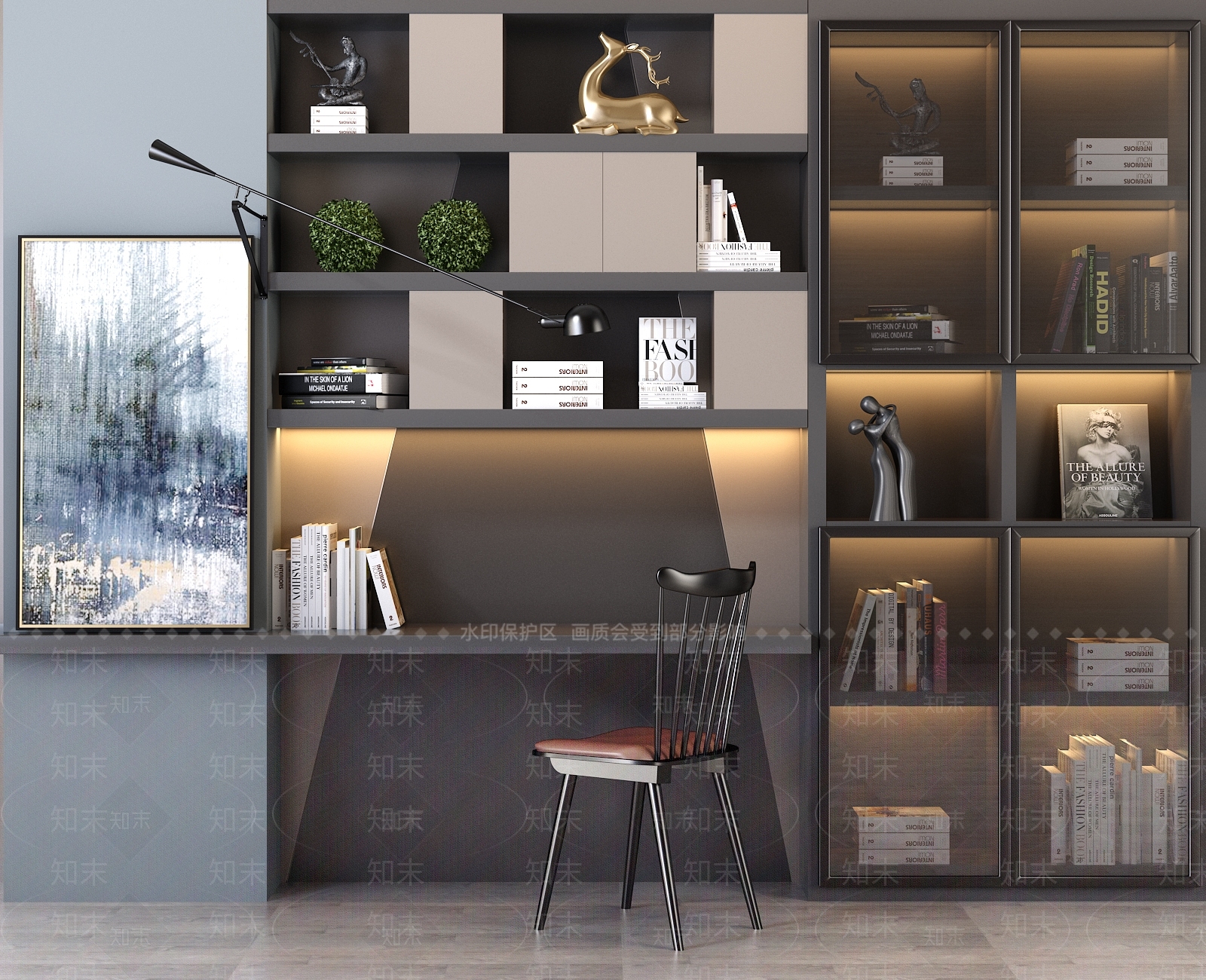 北欧书桌书架组合3D模型下载【ID:435341076】