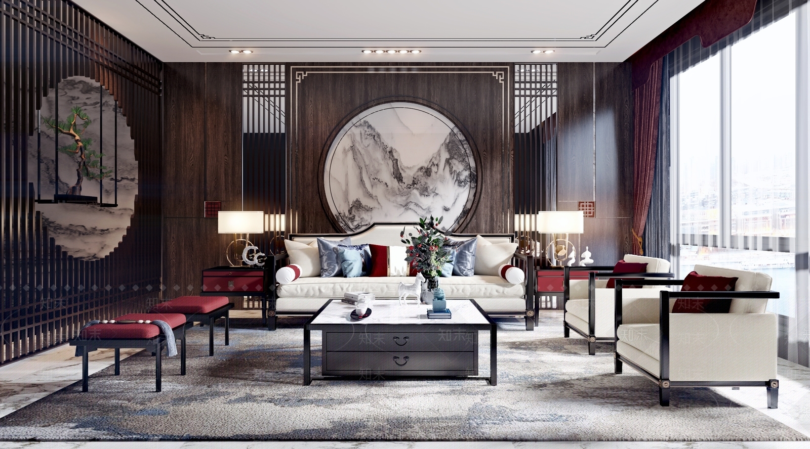 新中式客餐厅餐桌椅组合背景墙沙发茶几组合3D模型下载【ID:735343726】