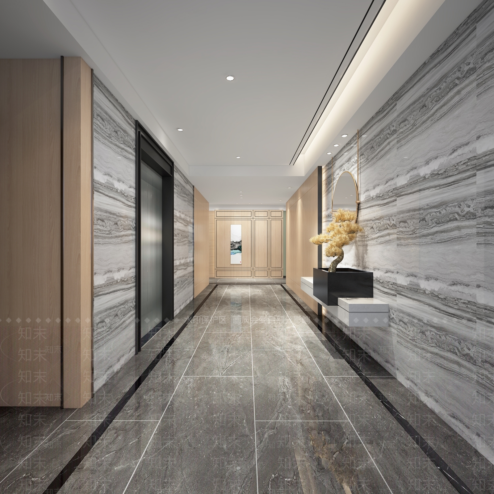 新中式酒店电梯间过道走廊3D模型下载【ID:635346258】