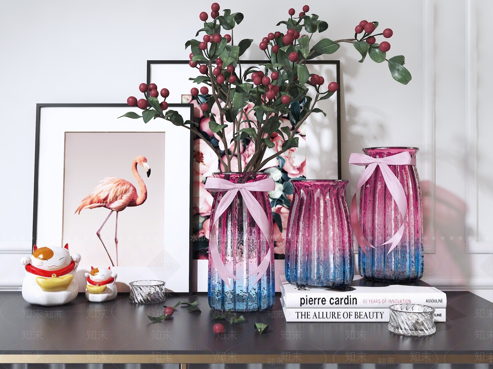 北欧现代简约北欧透明玻璃花瓶书籍蜡烛装饰画饰品客厅餐厅电视柜茶几摆件3D模型下载【ID:635350567】