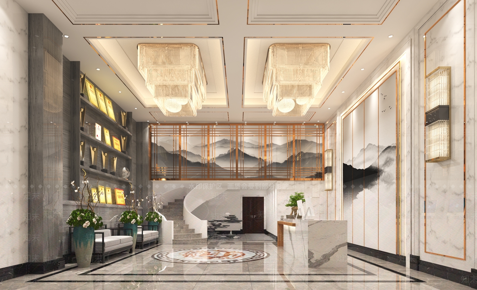 新中式现代大厅接待前台接待大厅接待台吧台3D模型下载【ID:535351976】