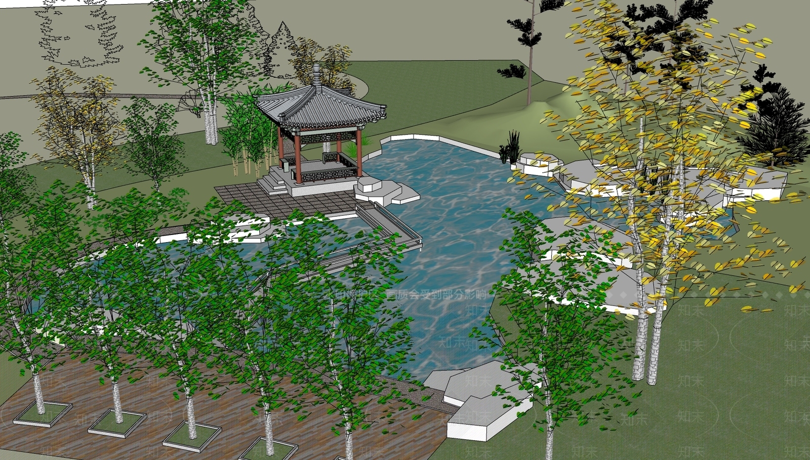 中式古典园林景观SU模型下载【ID:335355774】