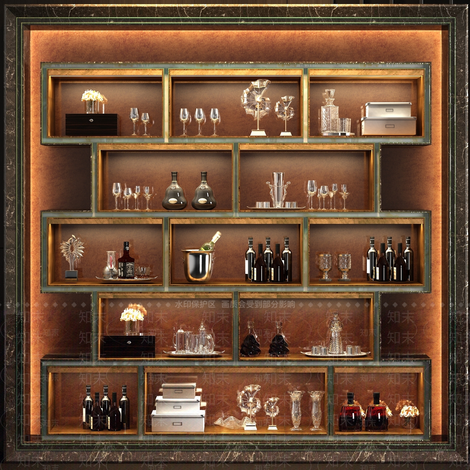 现代酒柜酒瓶酒水饰品组合3D模型下载【ID:935379030】