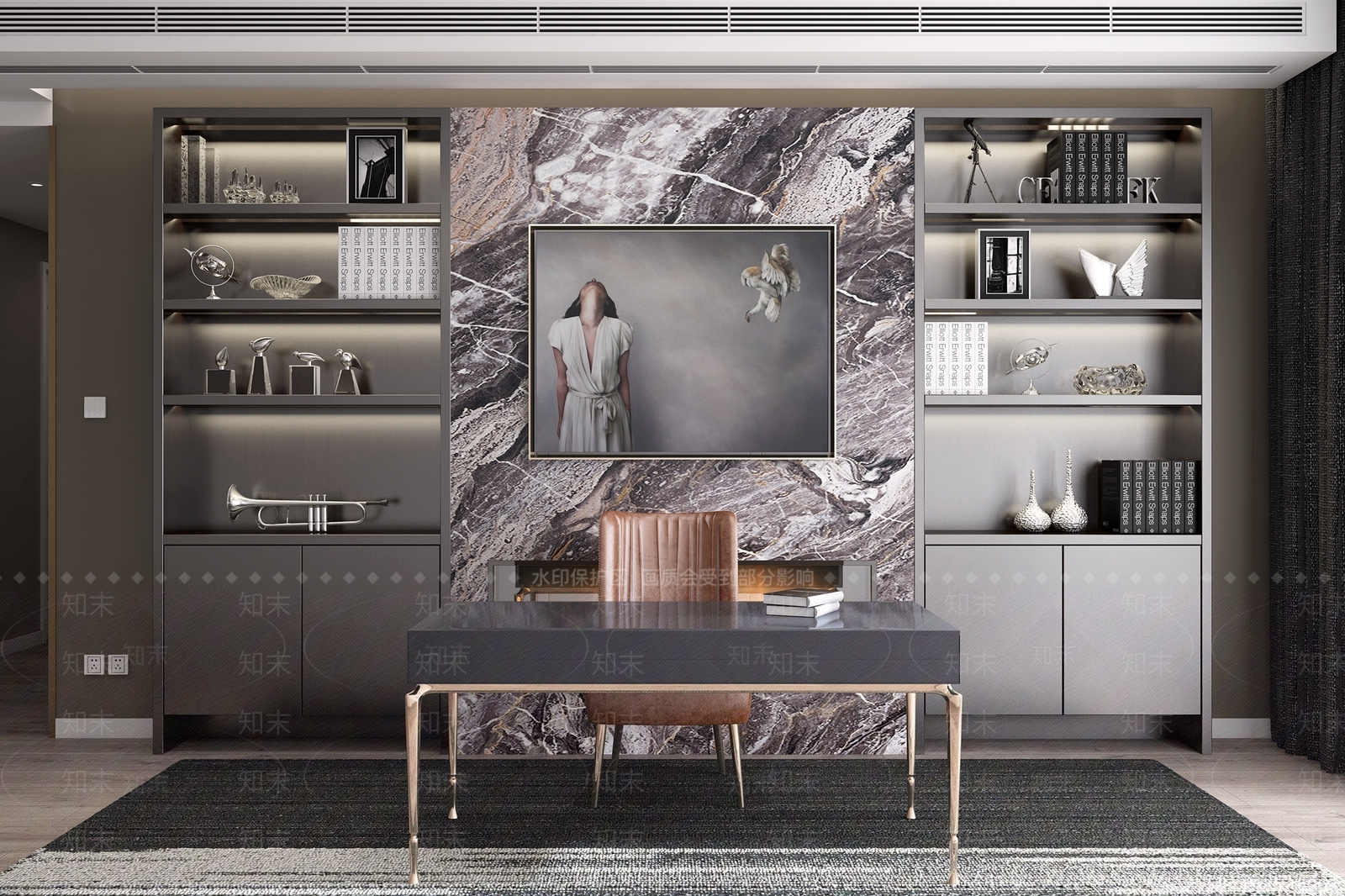 现代书房书柜书桌椅子组合3D模型下载【ID:535390611】