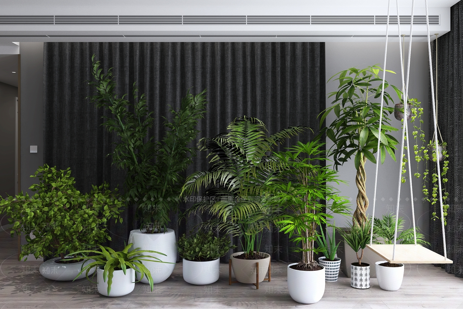 现代绿植盆栽吊椅秋千组合3D模型下载【ID:335393891】