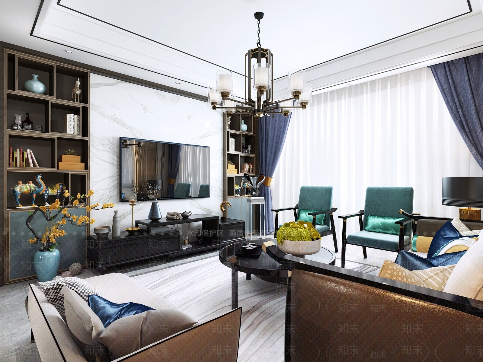 新中式客厅沙发电视柜沙发背景墙3D模型下载【ID:735394745】