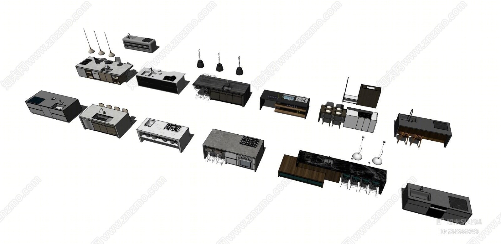 现代开放厨房橱柜中岛SU模型下载【ID:935399383】