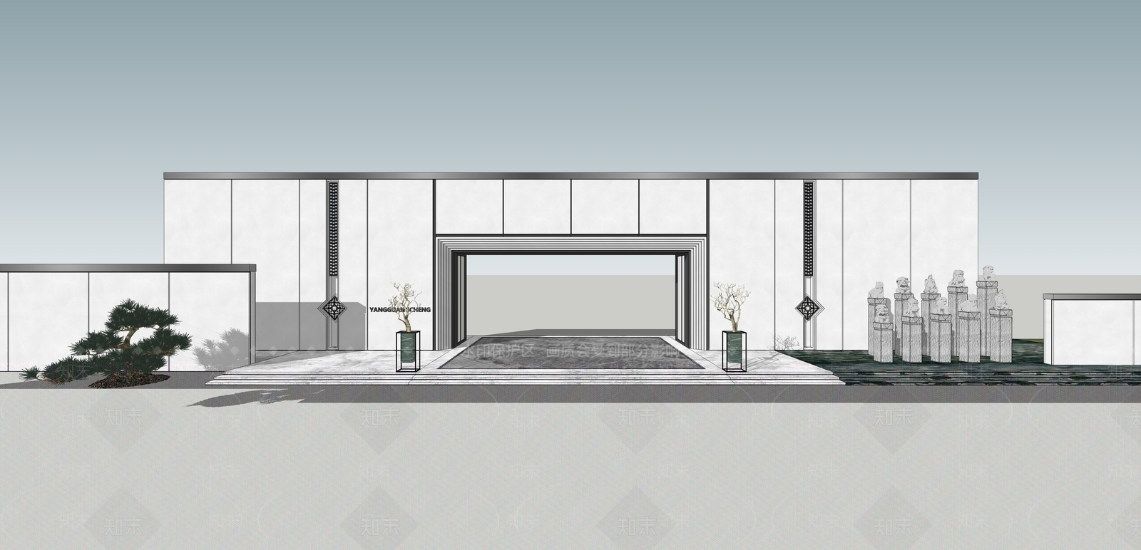 新中式特色入口大门SU模型下载【ID:935398187】