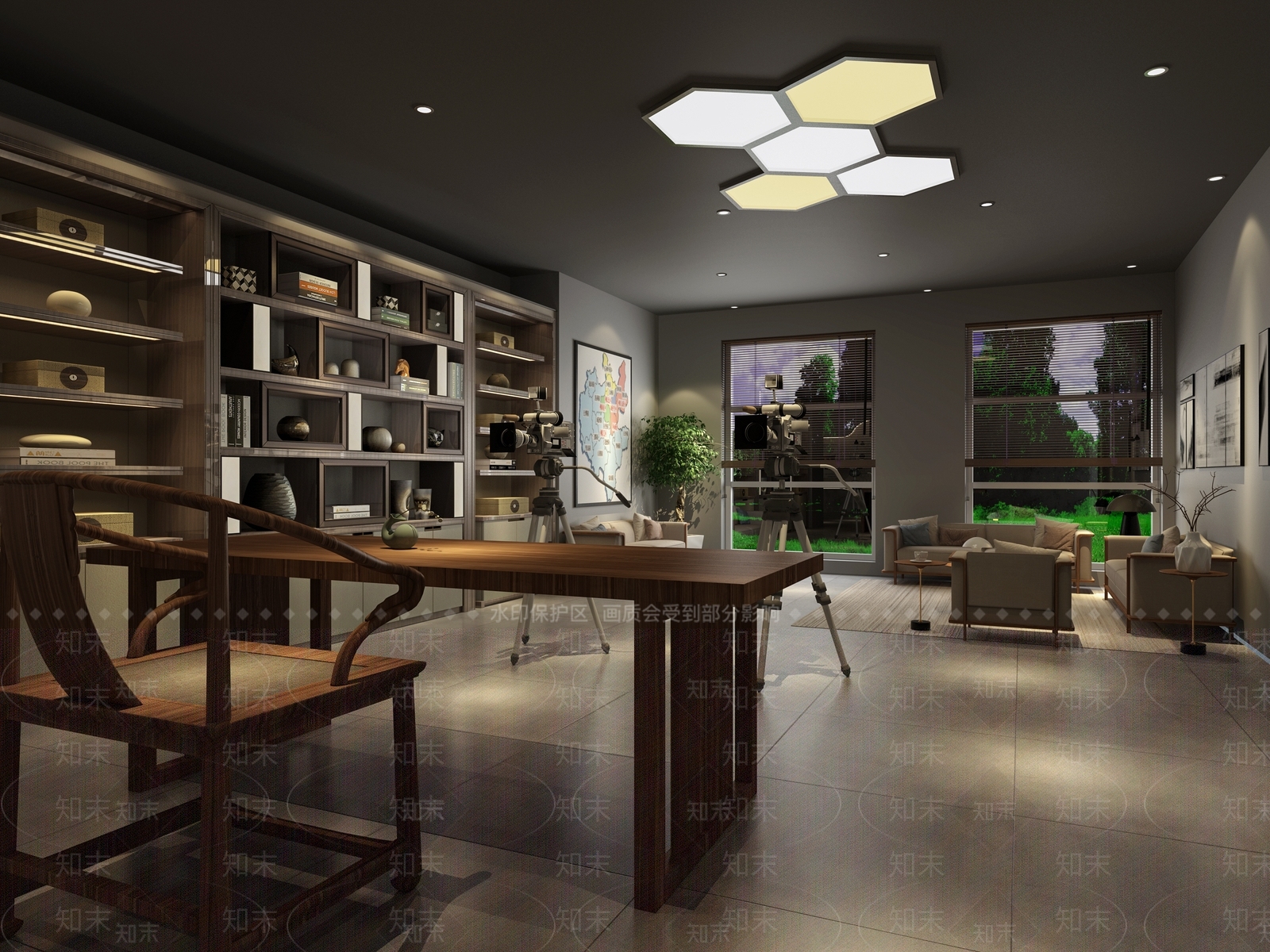 中式书房书架书桌沙发组合3D模型下载【ID:535409647】