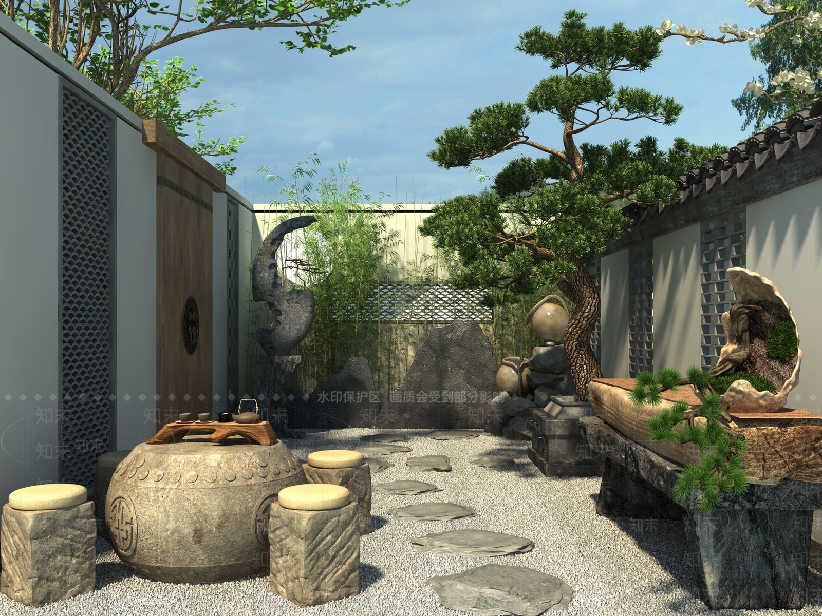 日式庭院景观小品日式禅意枯山水3D模型下载【ID:435419467】