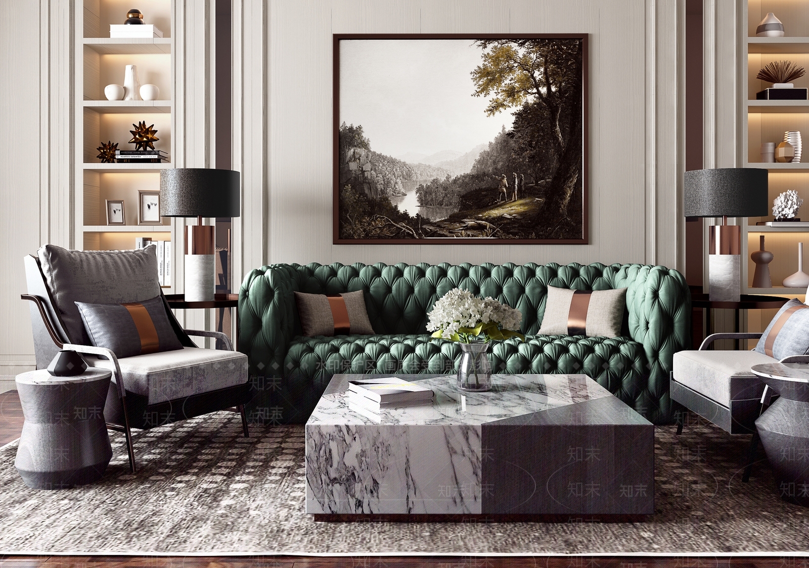 新古典简欧轻奢客厅沙发茶几组合3D模型下载【ID:735421789】