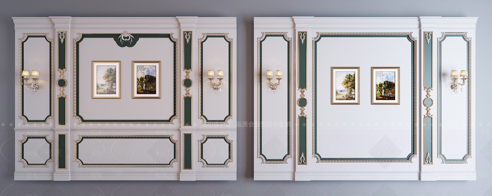 欧式描金雕花护墙板背景墙组合3D模型下载【ID:935425433】