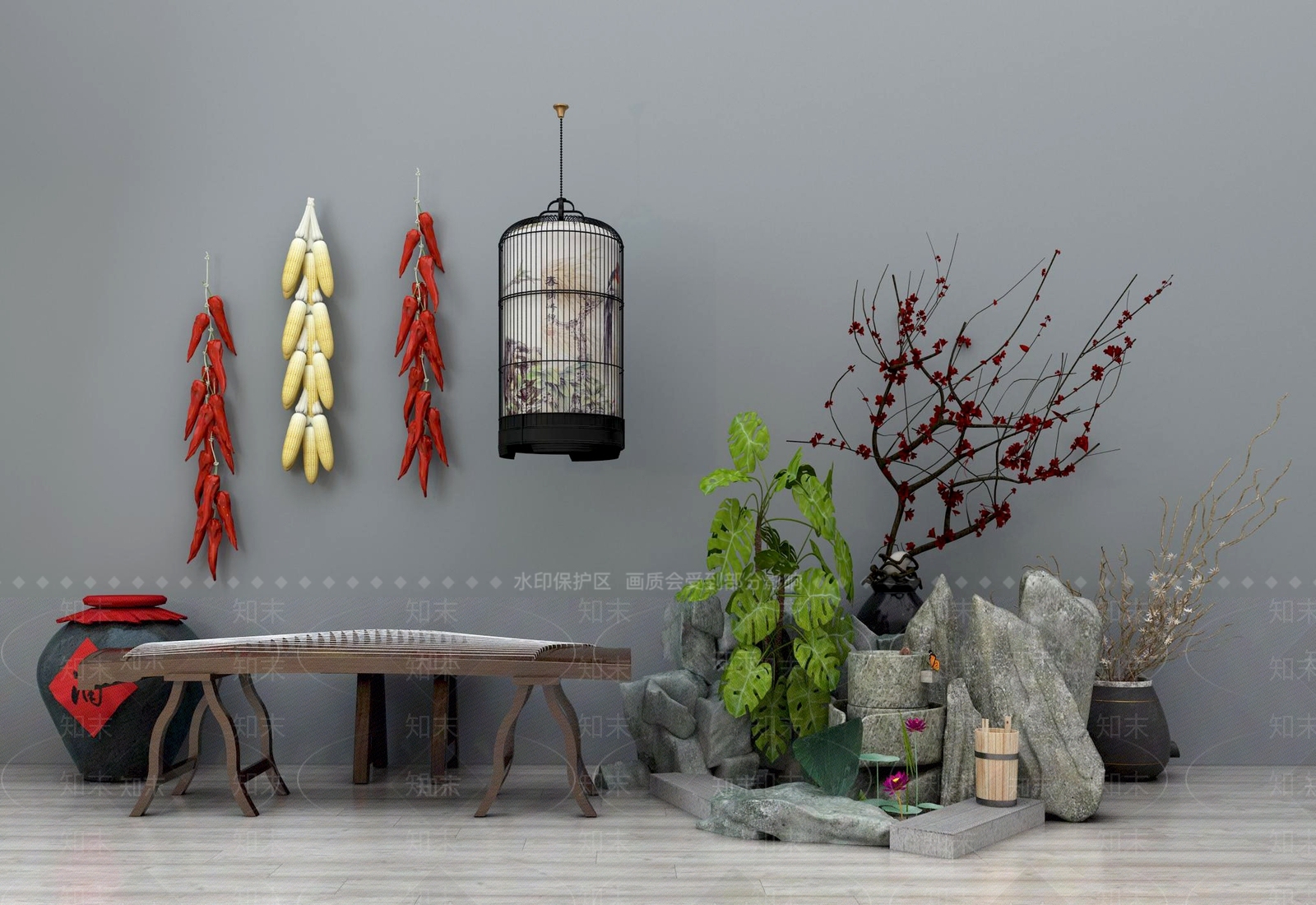 新中式假山石头石磨植物陶罐盆栽盆景组合3D模型下载【ID:335431942】