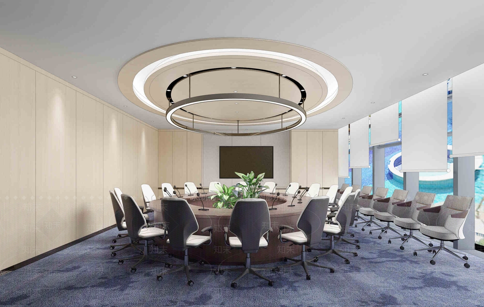 现代圆形会议室会议桌椅3D模型下载【ID:535432205】