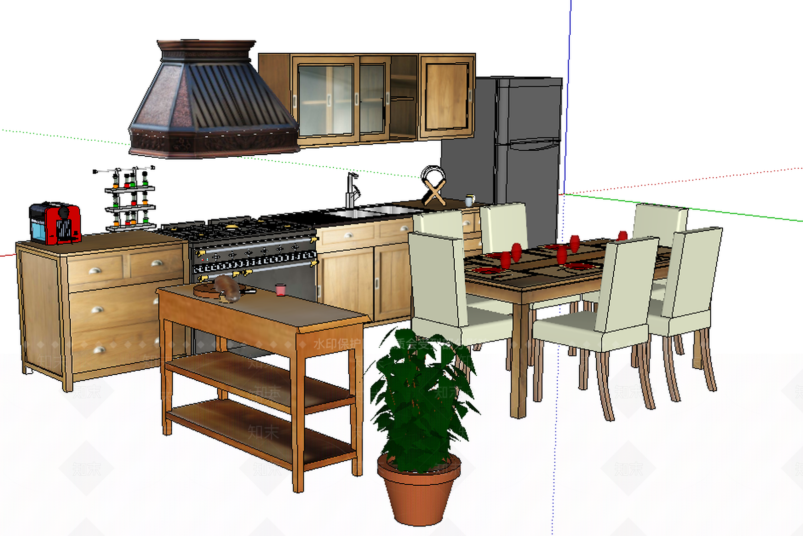 整装家装室内厨房橱柜顶柜厨房家具电器刀叉SU模型下载【ID:335481131】