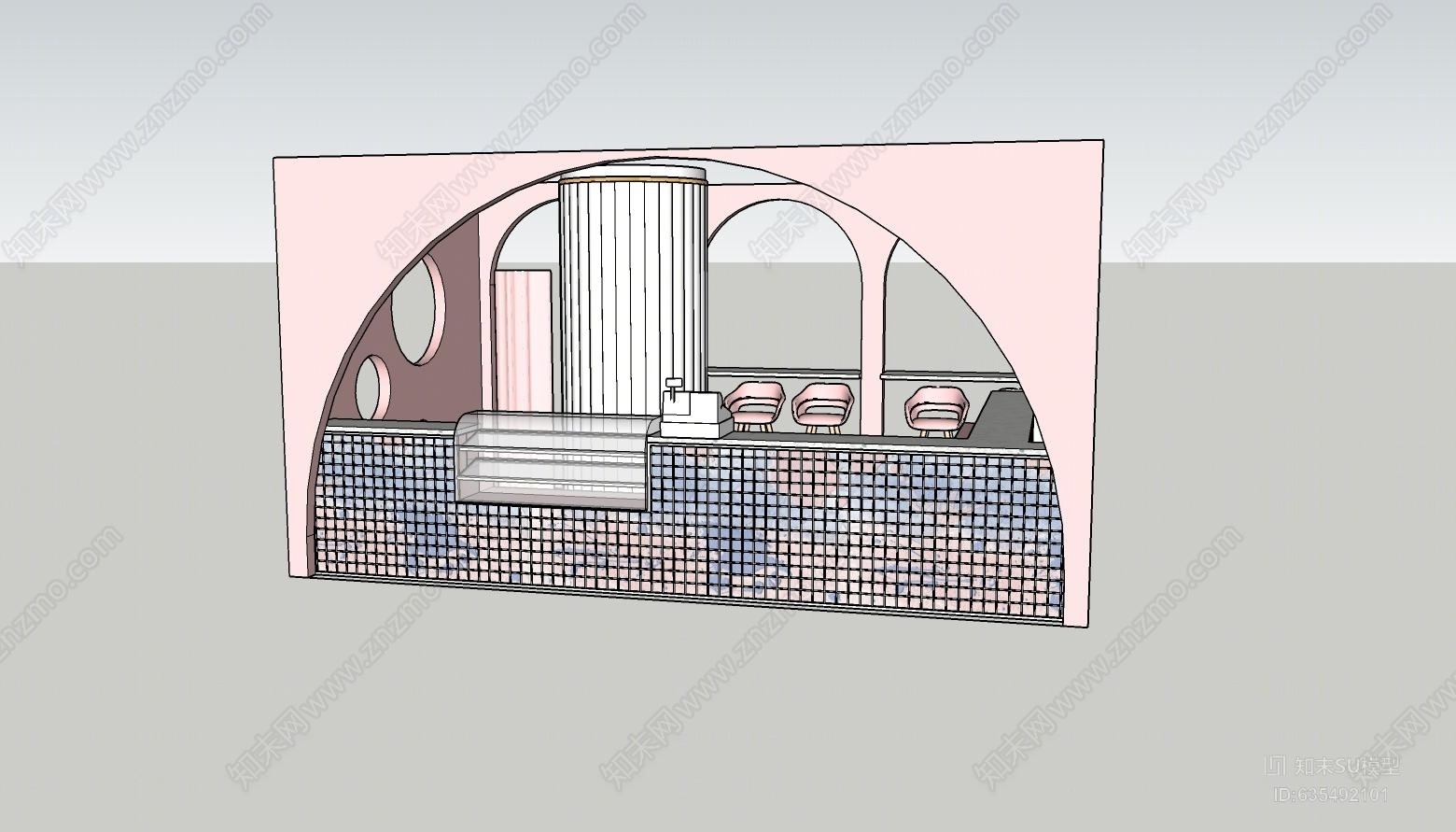 粉色系甜品店商场商业空间设计轻奢甜品店中岛空间SU模型下载【ID:635492101】