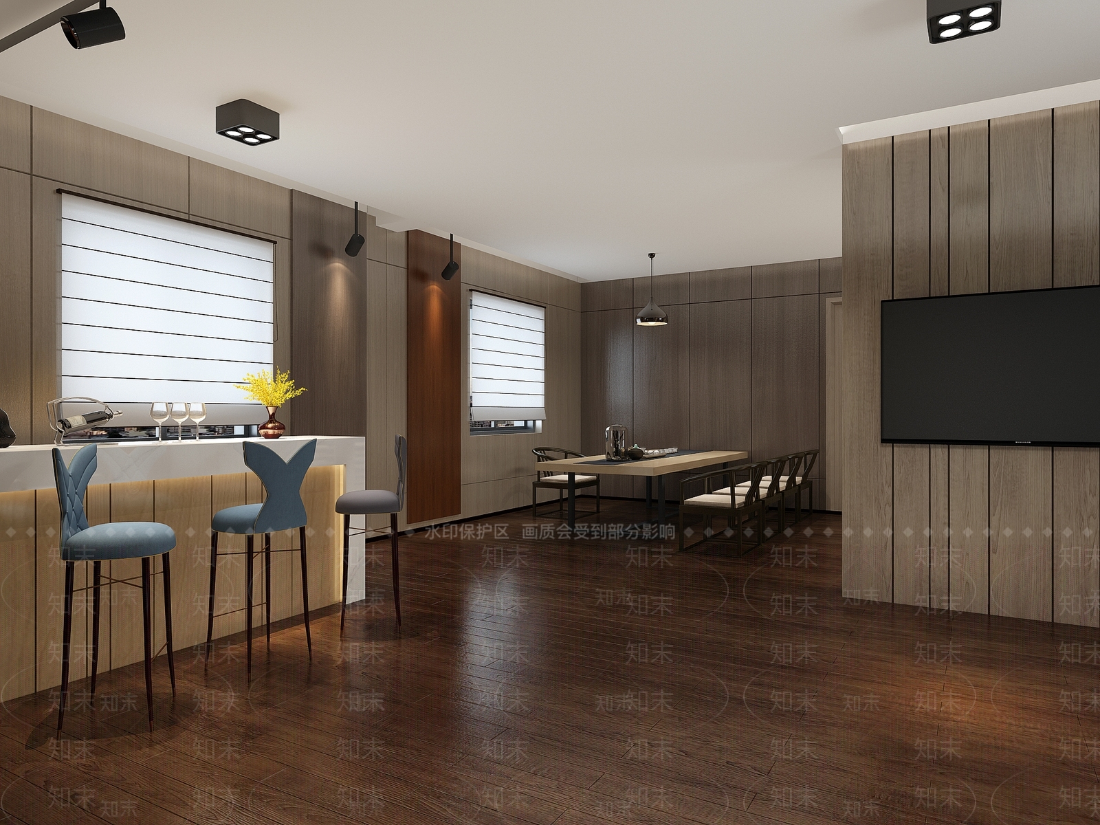 现代木板展厅会客区前台茶桌酒柜衣柜筒灯吊灯3D模型下载【ID:535510876】