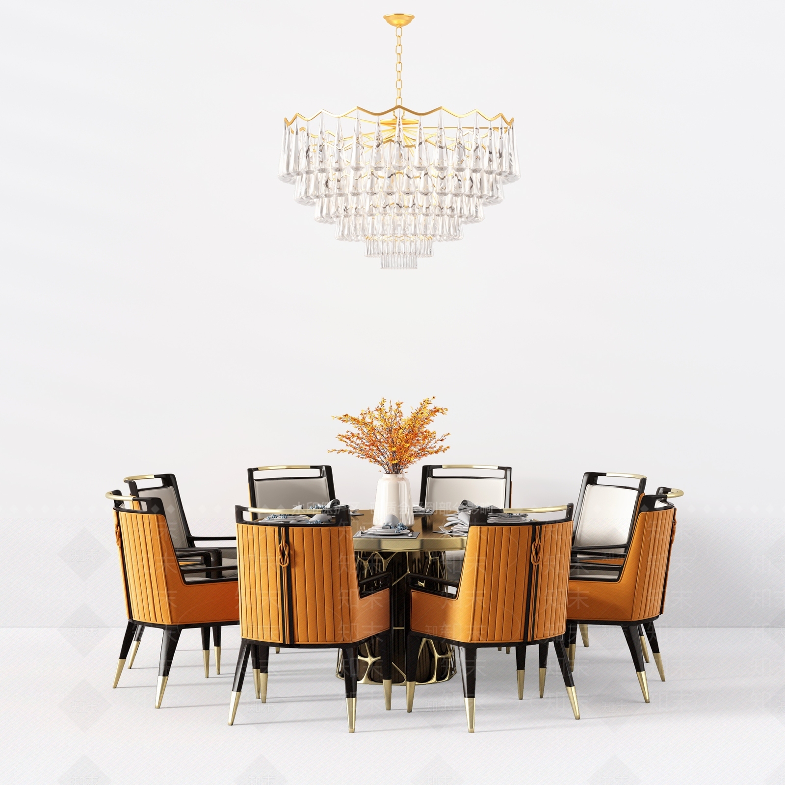 现代圆形餐桌椅金属水晶吊灯3D模型下载【ID:335515450】
