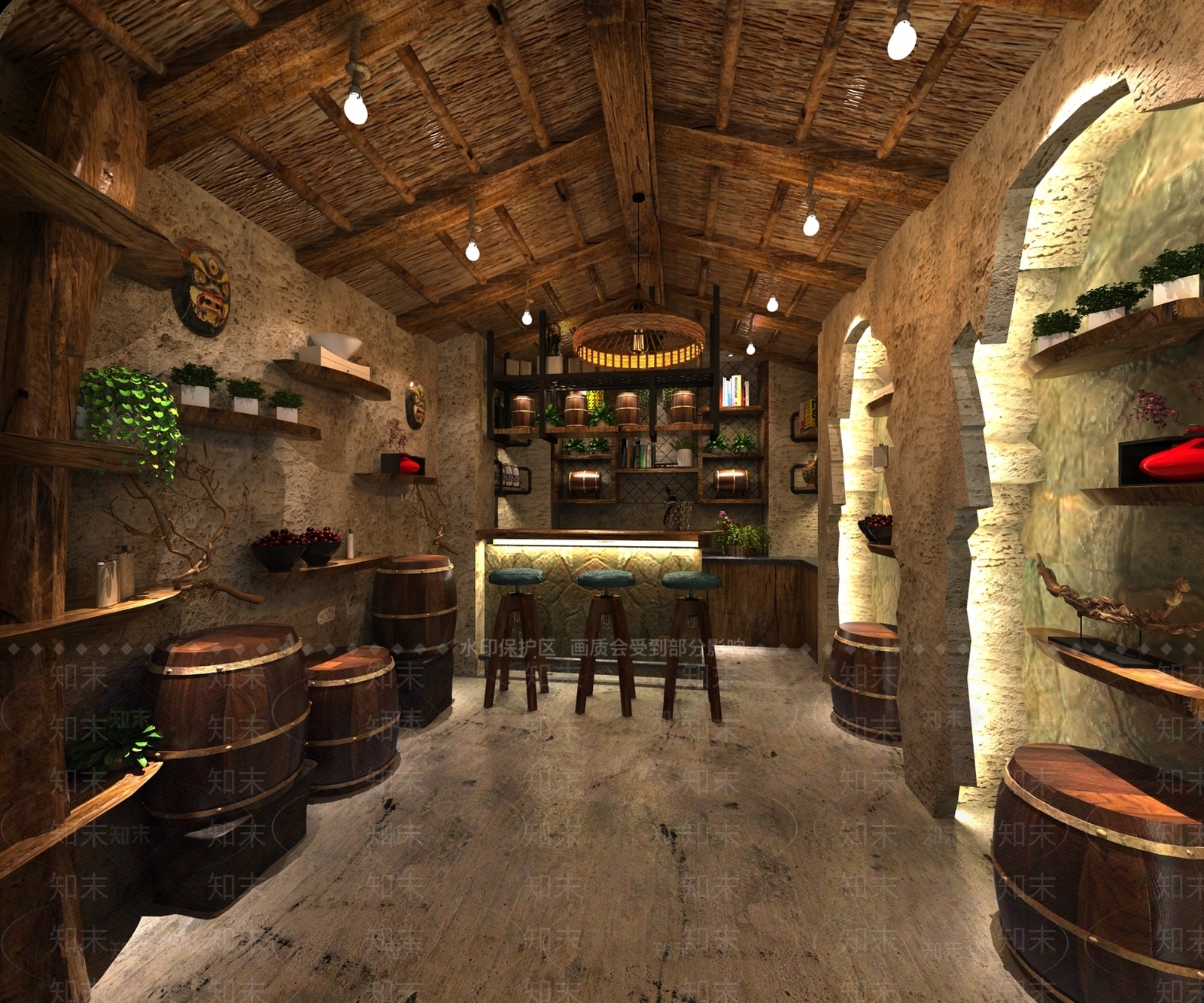 中式酒馆酒窖吧台酒桶服务台3D模型下载【ID:435518048】