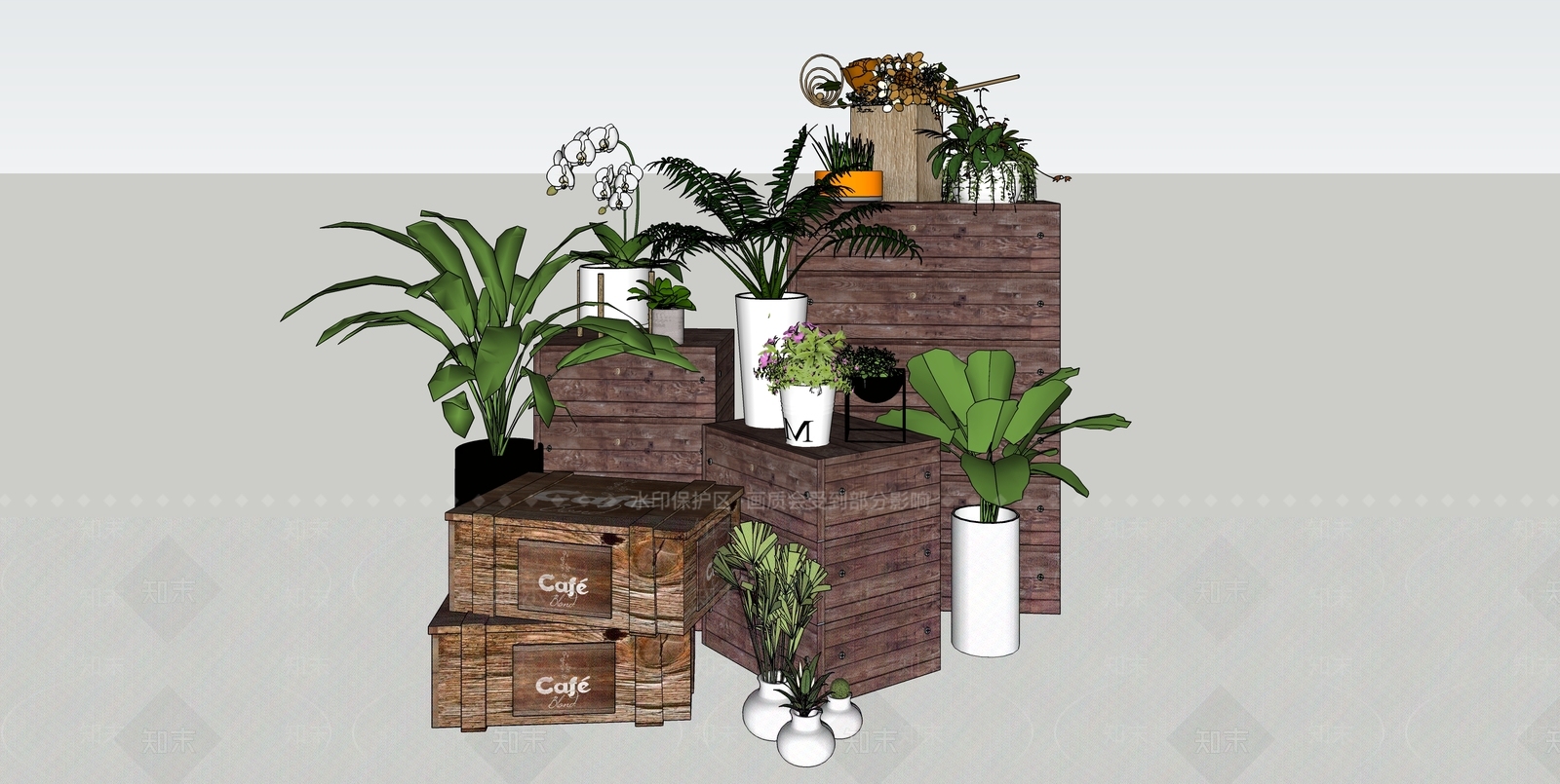 木箱花架盆栽SU模型下载【ID:135536770】