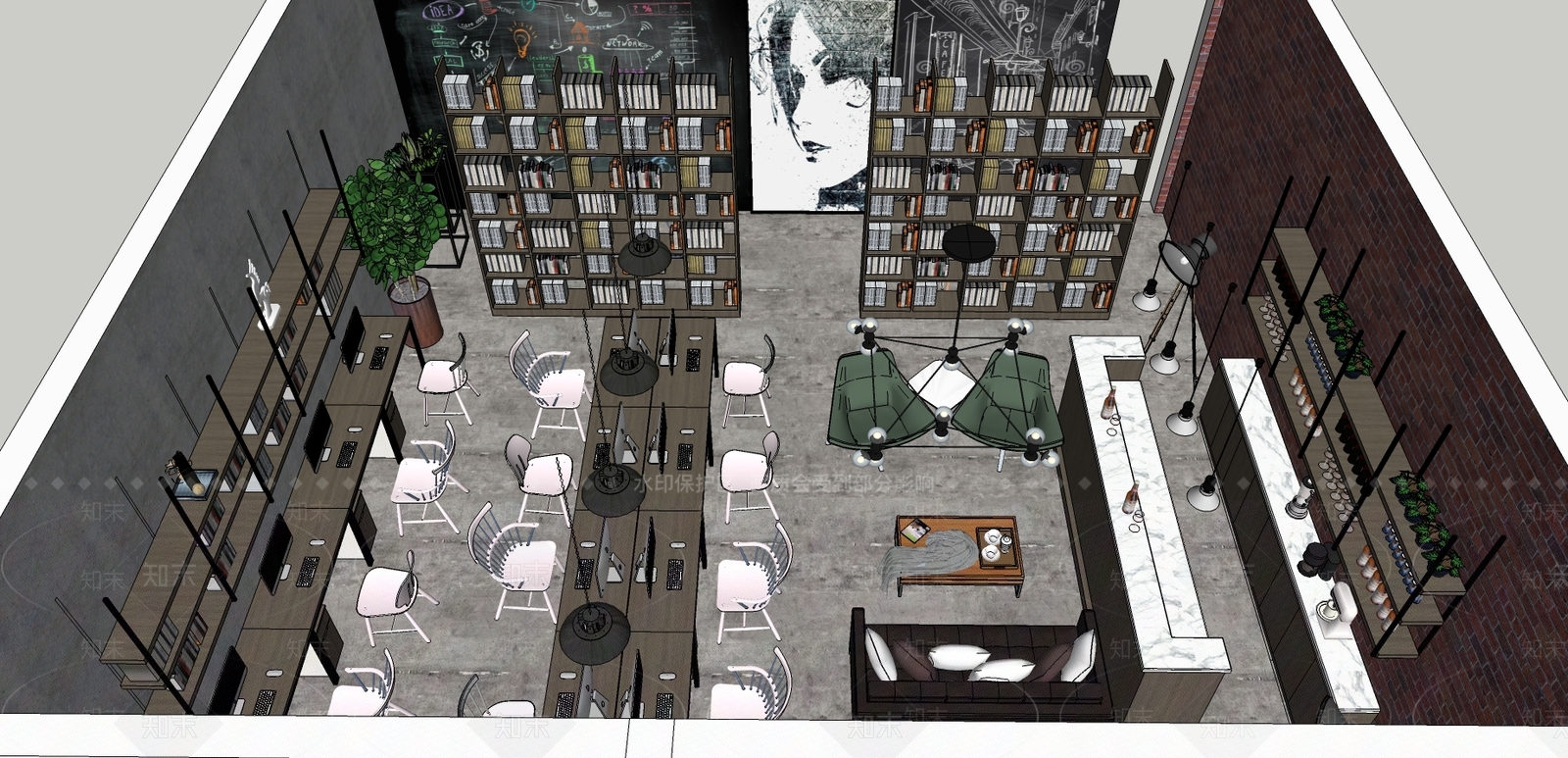 loft工业办公室开放办公区会议室吧台SU模型下载【ID:335537273】