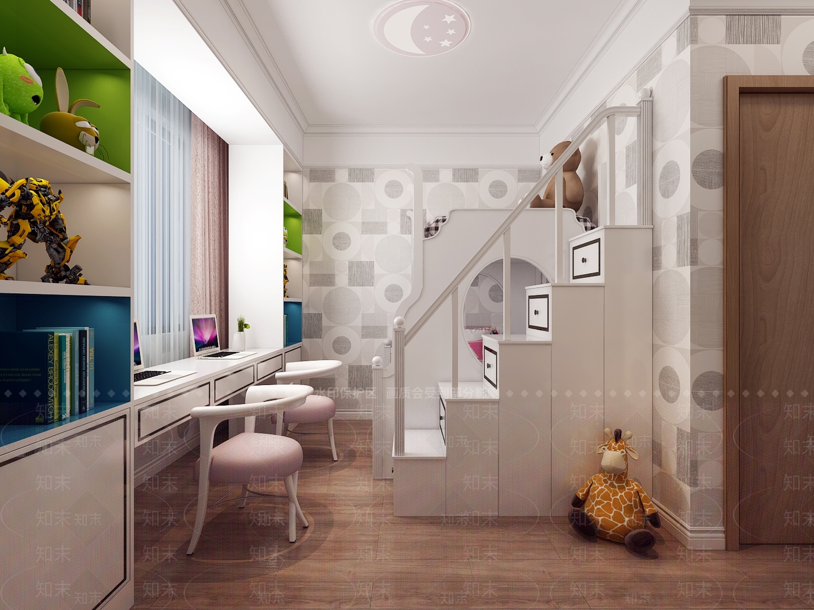 北欧卧室儿童房床吸顶灯书桌3D模型下载【ID:435539659】