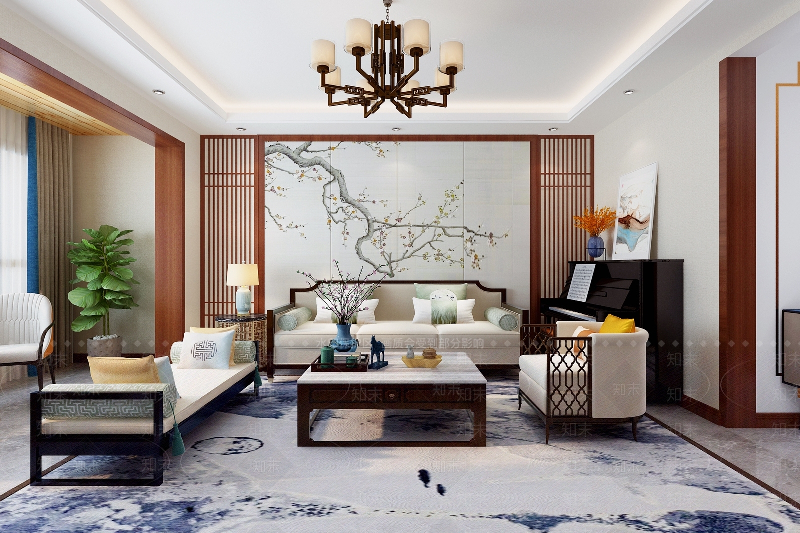 新中式客餐厅餐桌椅组合背景墙沙发茶几组合3D模型下载【ID:735613797】