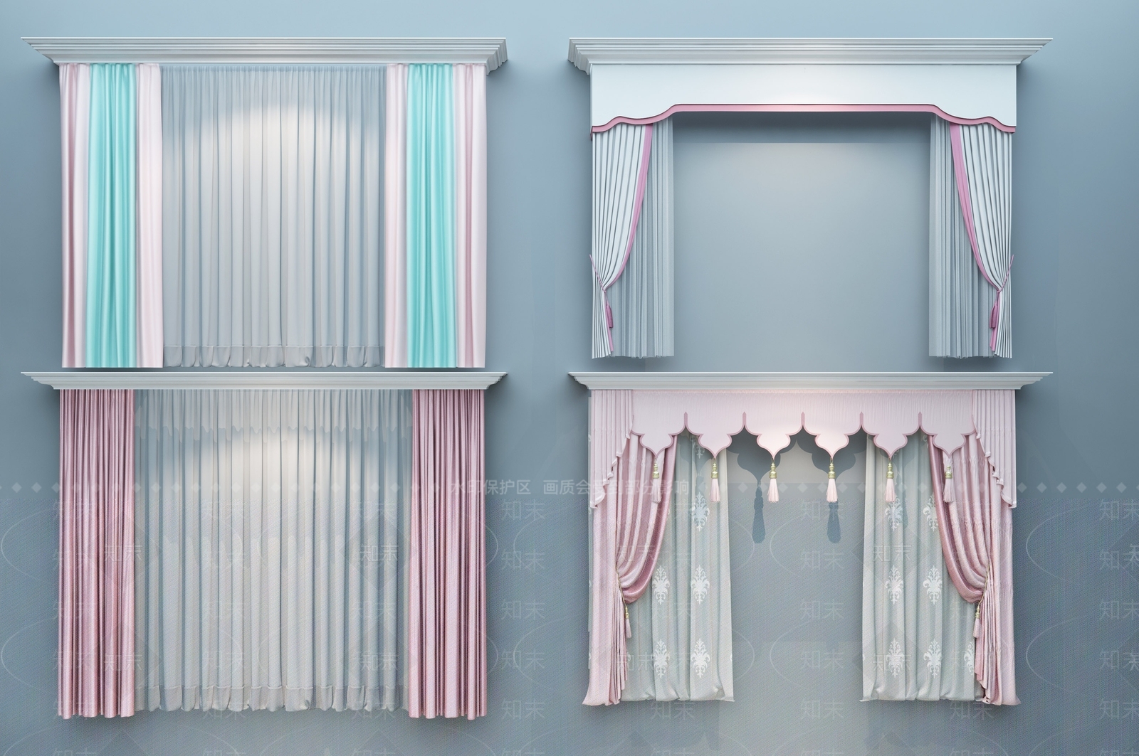 简欧儿童房女儿房布艺粉色窗帘组合3D模型下载【ID:335618854】