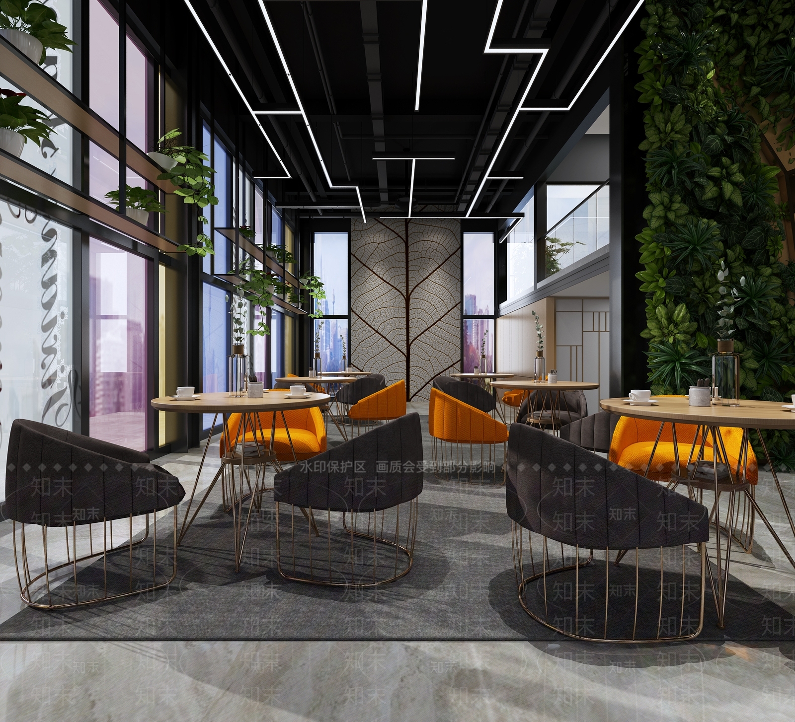 现代售楼部吊灯桌子椅子植物地毯木纹植物墙3D模型下载【ID:535619091】