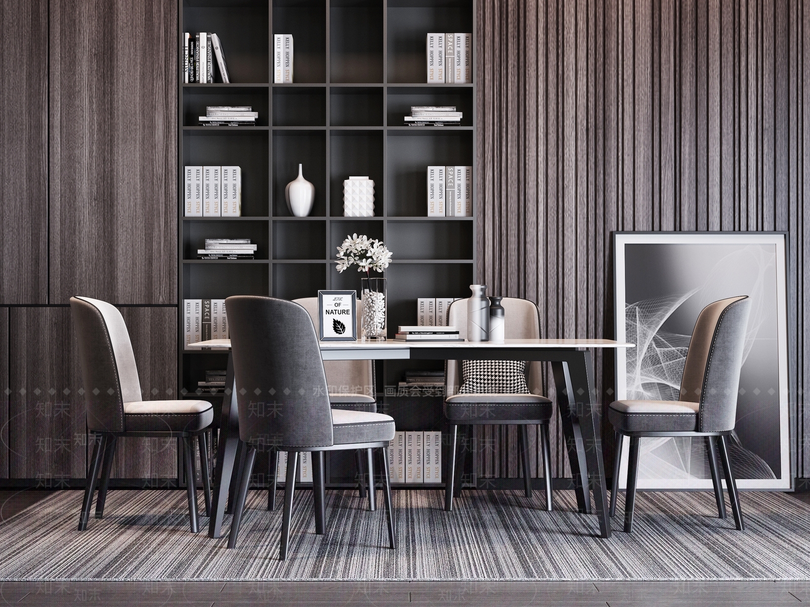 现代高级灰餐桌椅组合3D模型下载【ID:135620821】