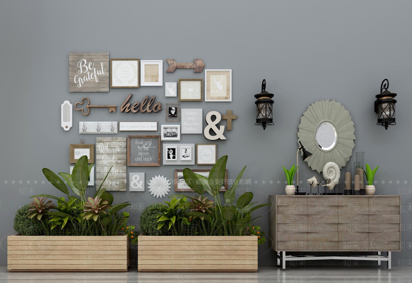 现代植物绿植盆栽盆景花草装饰画挂饰挂件墙饰玄关柜组合3D模型下载【ID:635630779】