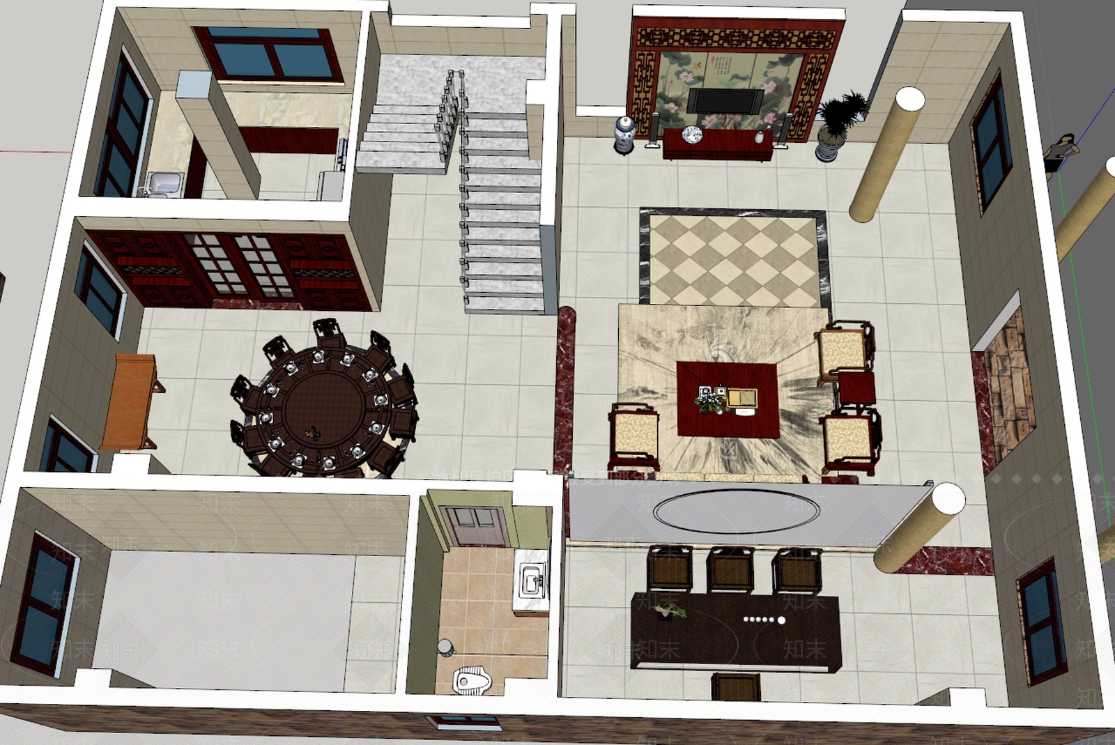 中式别墅外观家具SU模型下载【ID:935637959】