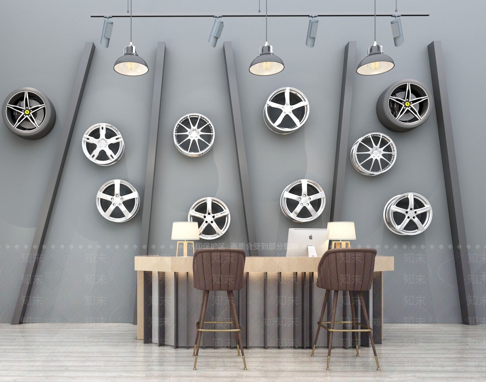 工业风吧台前台接待台收银台背景墙挂件组合3D模型下载【ID:635675362】