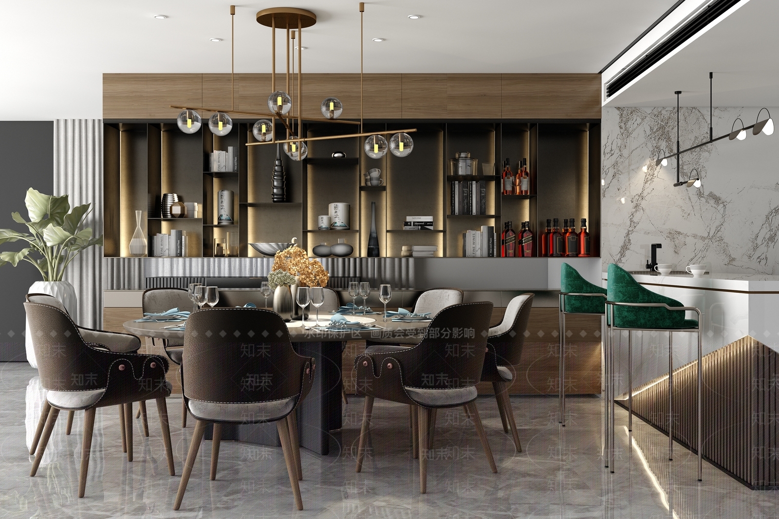 现代轻奢餐厅餐桌椅吊灯装饰柜吧台椅组合3D模型下载【ID:835677535】