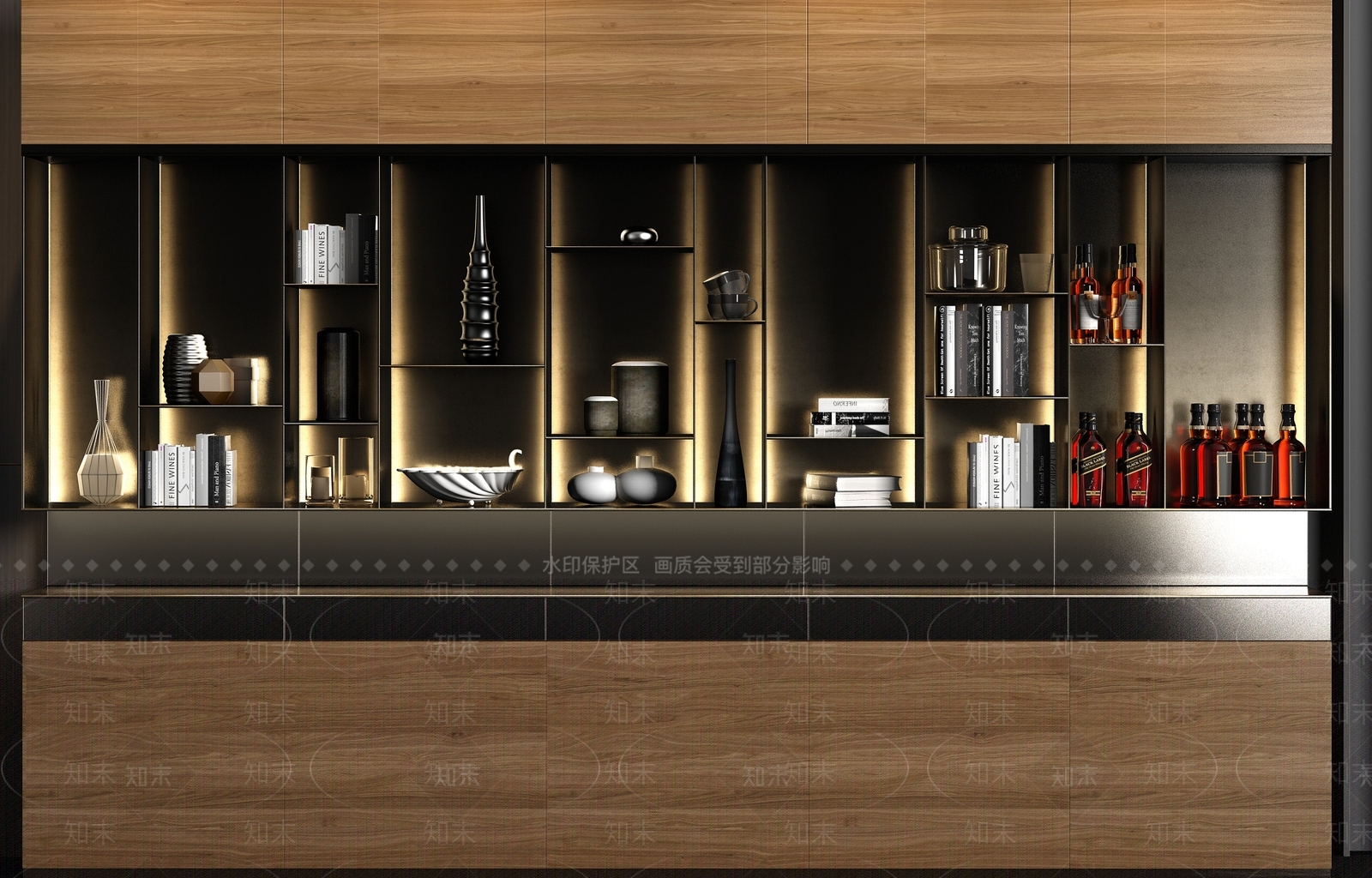 现代实木金属酒柜酒水饰品组合3D模型下载【ID:935681064】