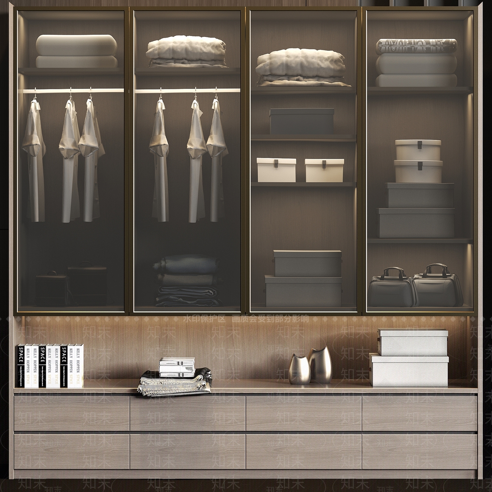 现代实木衣帽间玻璃衣柜衣服饰品组合3D模型下载【ID:935725975】