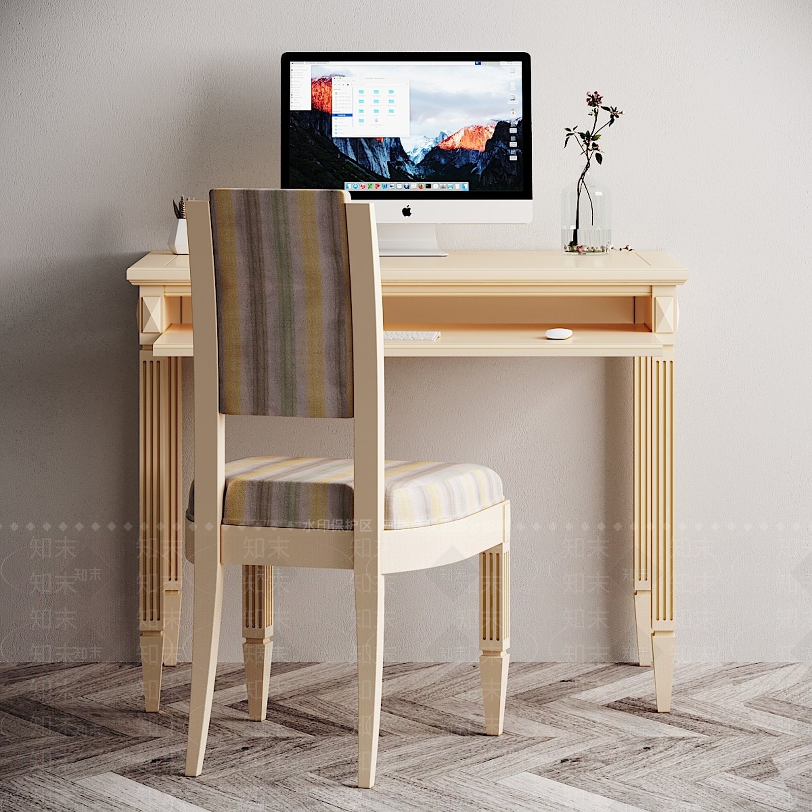 简欧电脑桌椅子电脑摆件组合3D模型下载【ID:335728467】