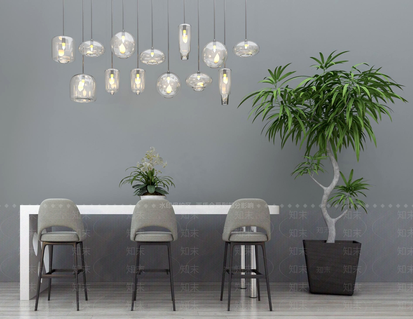 现代吧台吧椅吊灯盆栽组合3D模型下载【ID:635730347】